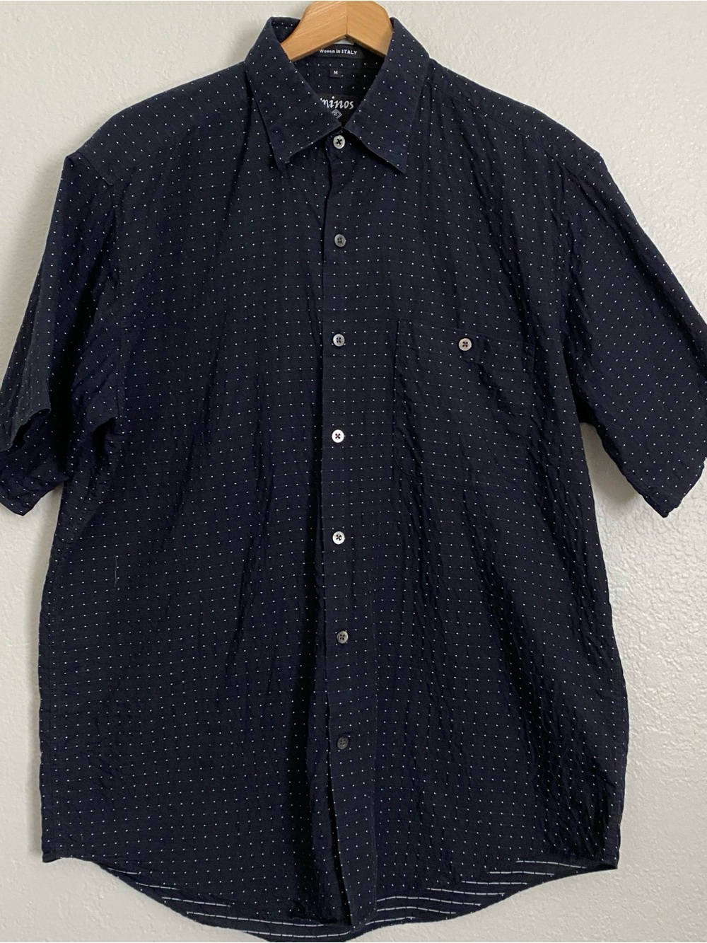 Minos Shirt Men's M Black White Textured 100% Cotton Button Down Short Slv Italy